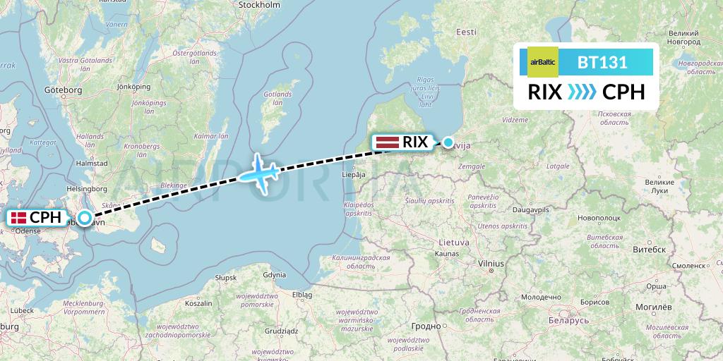 BT131 Air Baltic Flight Map: Riga to Copenhagen