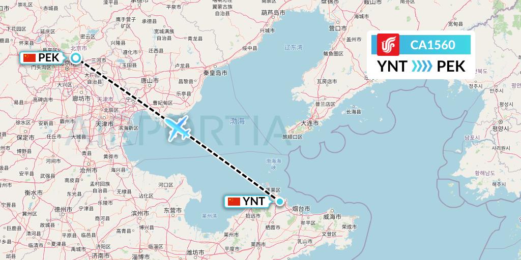 CA1560 Air China Flight Map: Yantai to Beijing