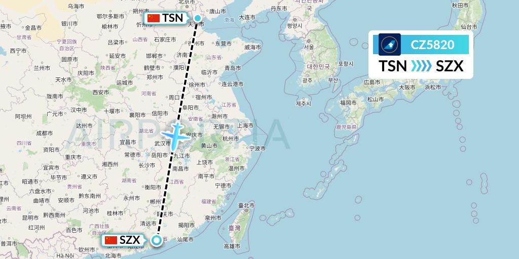 CZ5820 China Southern Airlines Flight Map: Tianjin to Shenzhen
