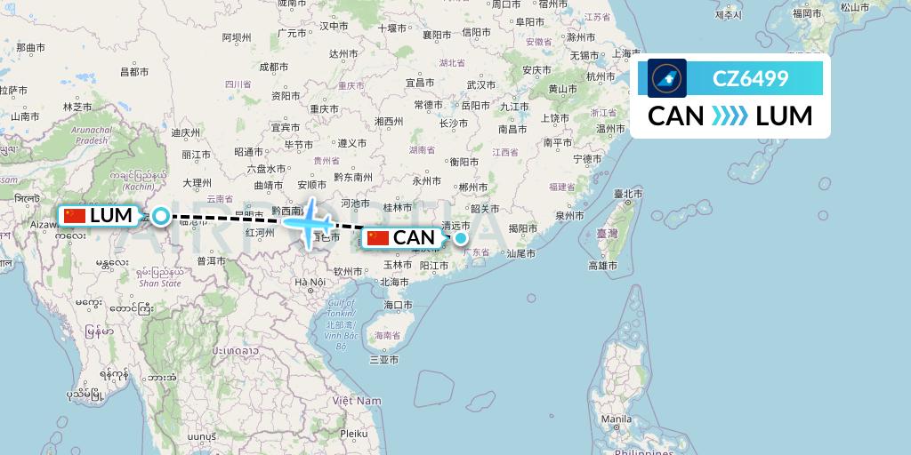 CZ6499 China Southern Airlines Flight Map: Guangzhou to Mangshi