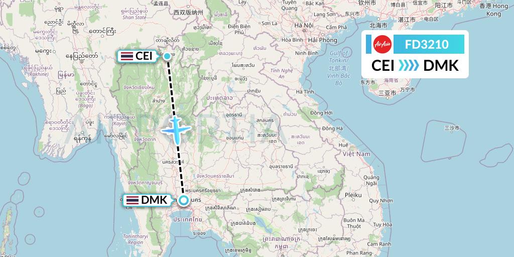 FD3210 Thai AirAsia Flight Map: Chiang Rai to Bangkok