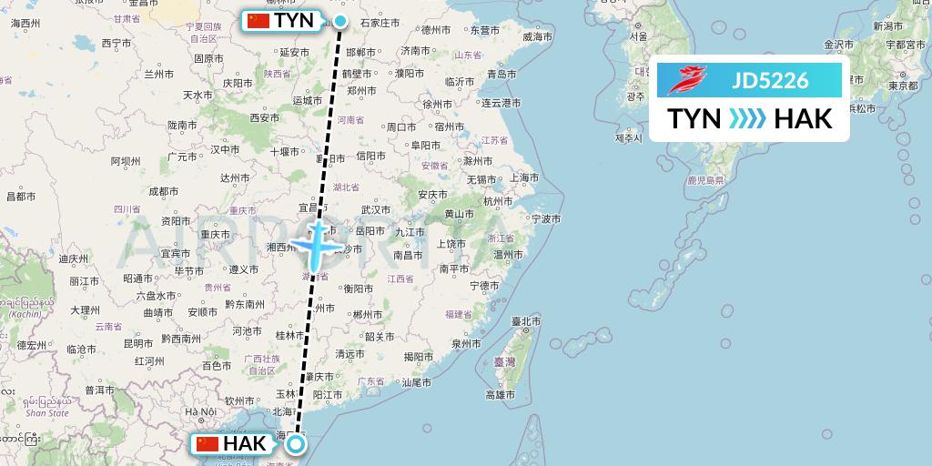 JD5226 Capital Airlines Flight Map: Taiyuan to Haikou