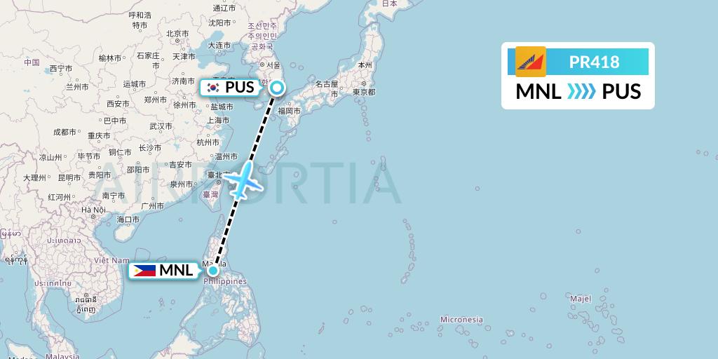 PR418 Philippine Airlines Flight Map: Manila to Busan