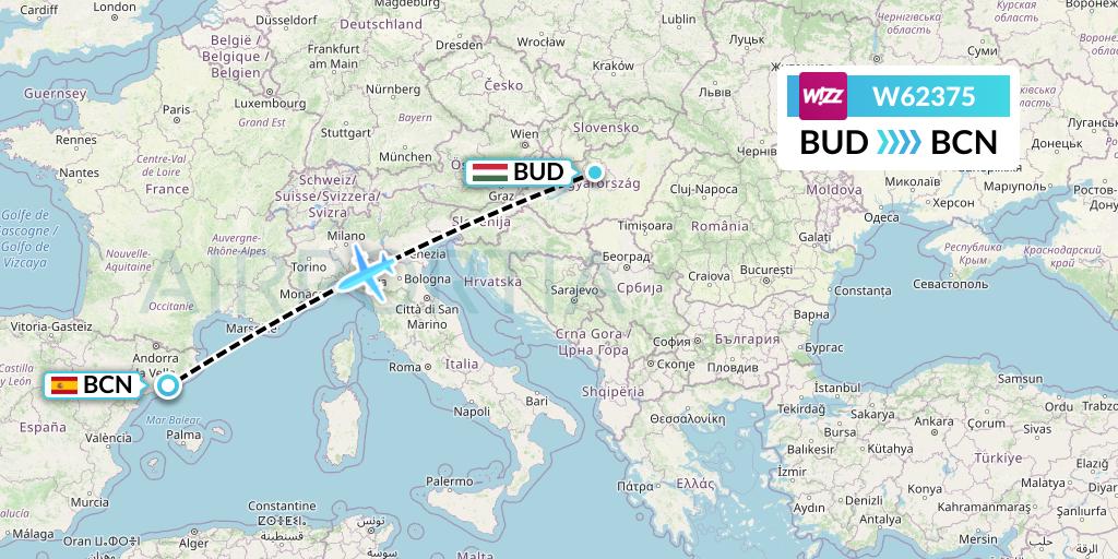 W62375 Wizz Air Flight Map: Budapest to Barcelona