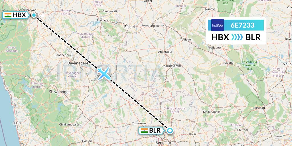 6E7233 IndiGo Airlines Flight Map: Hubli to Bangalore