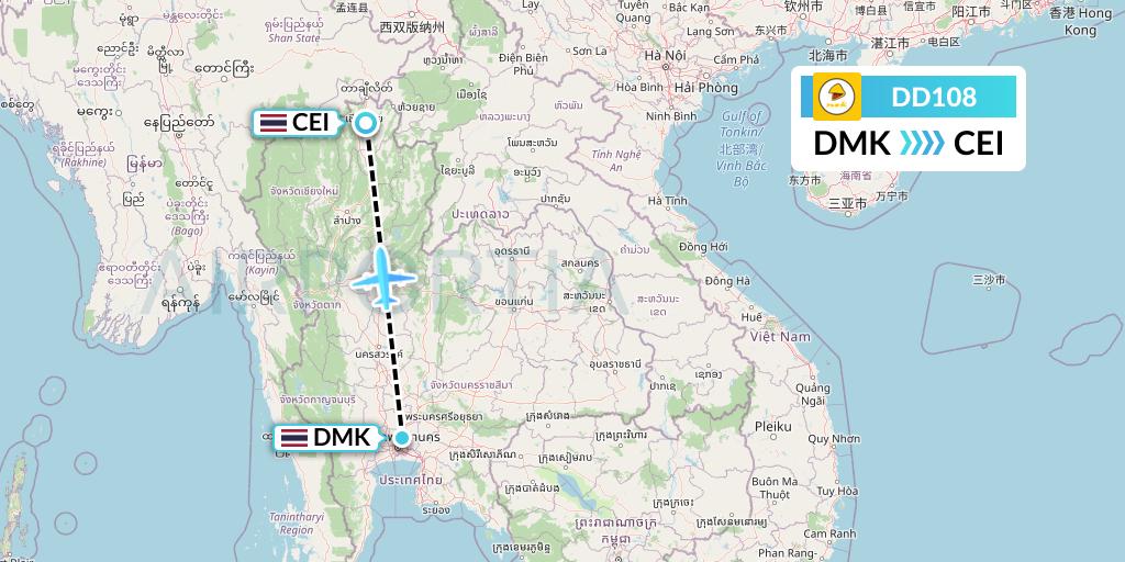 DD108 Nok Air Flight Map: Bangkok to Chiang Rai