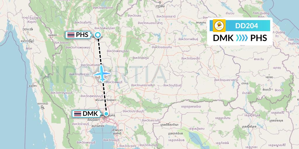DD204 Nok Air Flight Map: Bangkok to Phitsanulok