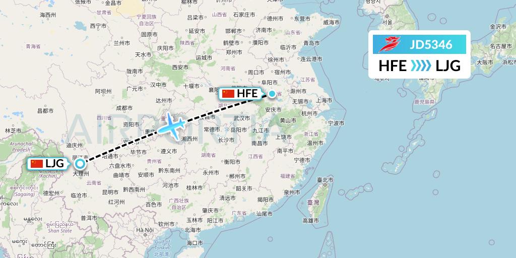 JD5346 Capital Airlines Flight Map: Hefei to Lijiang