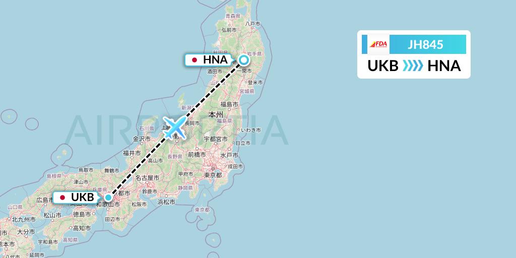 JH845 Fuji Dream Airlines Flight Map: Kobe to Hanamaki