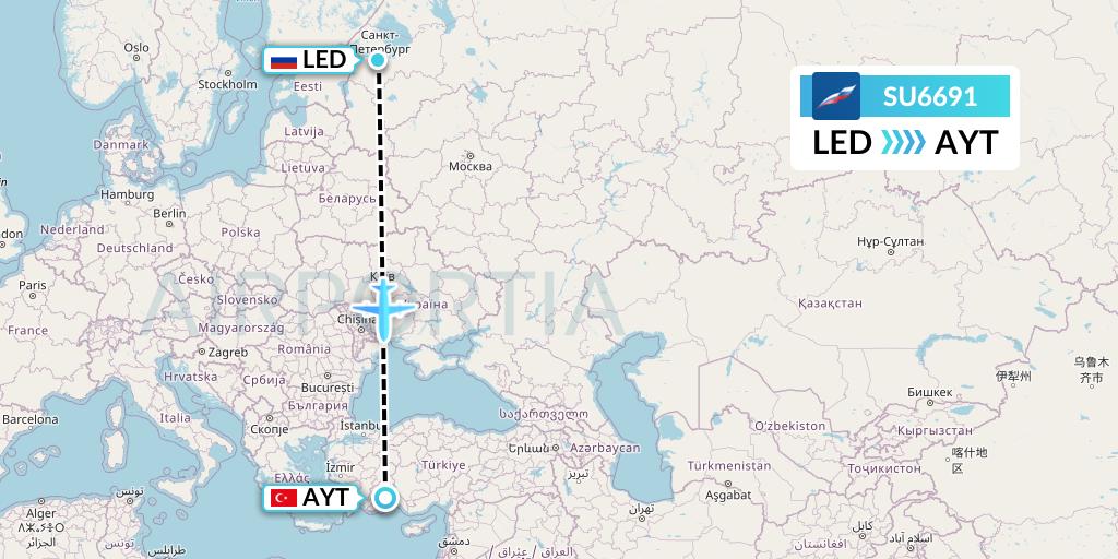 SU6691 Aeroflot Flight Map: St. Petersburg to Antalya