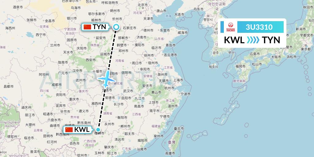 3U3310 Sichuan Airlines Flight Map: Guilin to Taiyuan