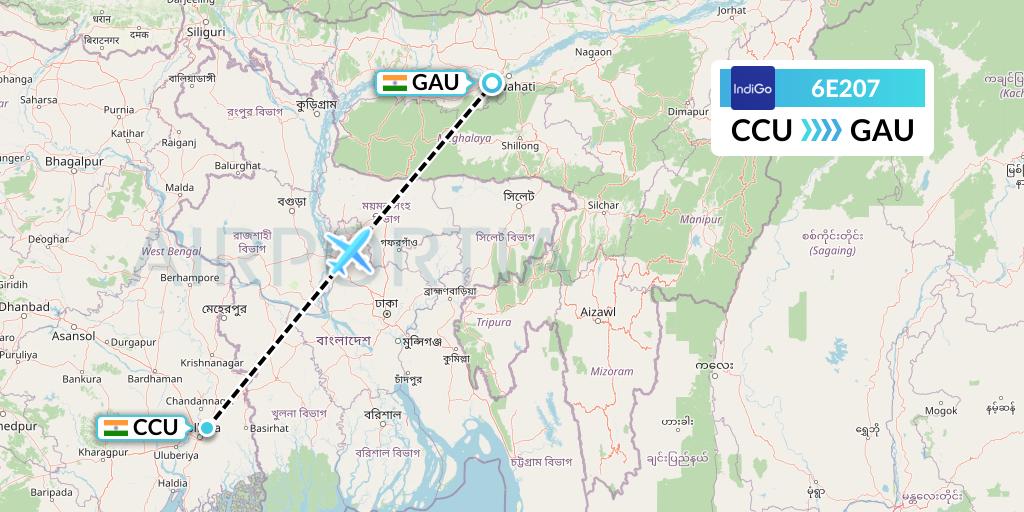 6E207 IndiGo Airlines Flight Map: Kolkata to Guwahati