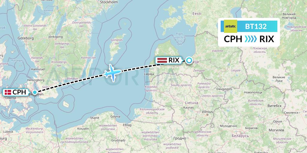 BT132 Air Baltic Flight Map: Copenhagen to Riga