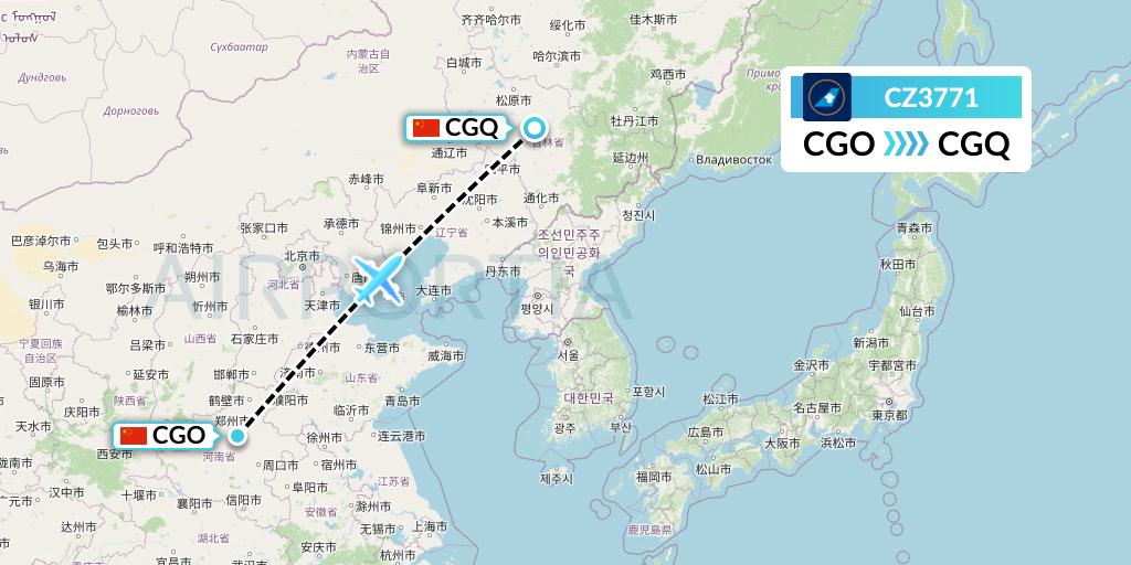 CZ3771 China Southern Airlines Flight Map: Zhengzhou to Changchun