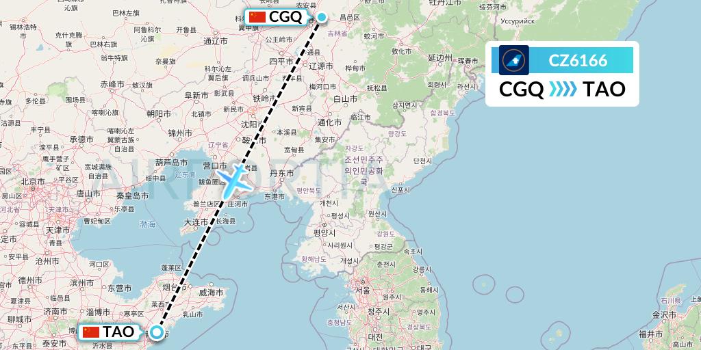 CZ6166 China Southern Airlines Flight Map: Changchun to Qingdao