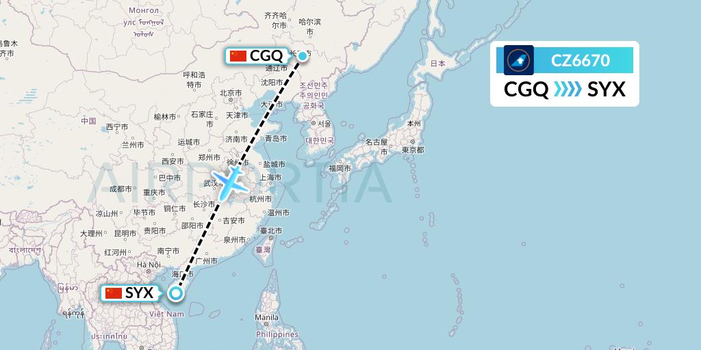 CZ6670 China Southern Airlines Flight Map: Changchun to Sanya
