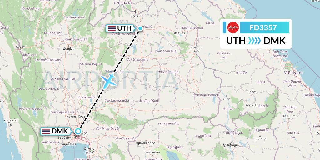 FD3357 Thai AirAsia Flight Map: Udon Thani to Bangkok