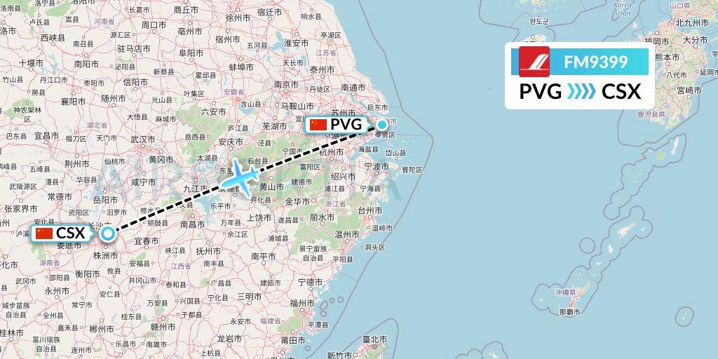 FM9399 Shanghai Airlines Flight Map: Shanghai to Changsha