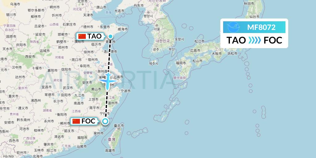 MF8072 Xiamen Airlines Flight Map: Qingdao to Fuzhou