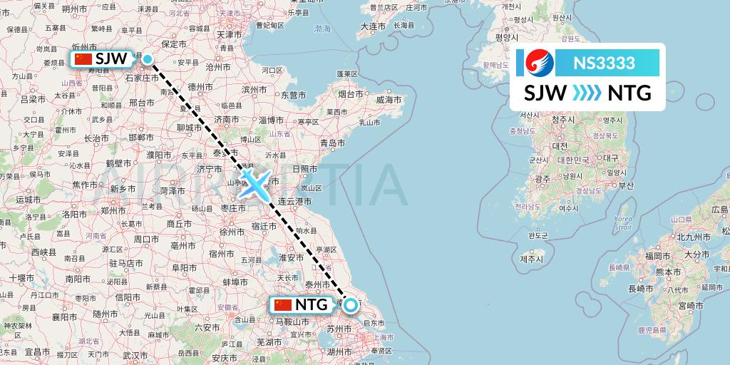 NS3333 Hebei Airlines Flight Map: Shijiazhuang to Nantong