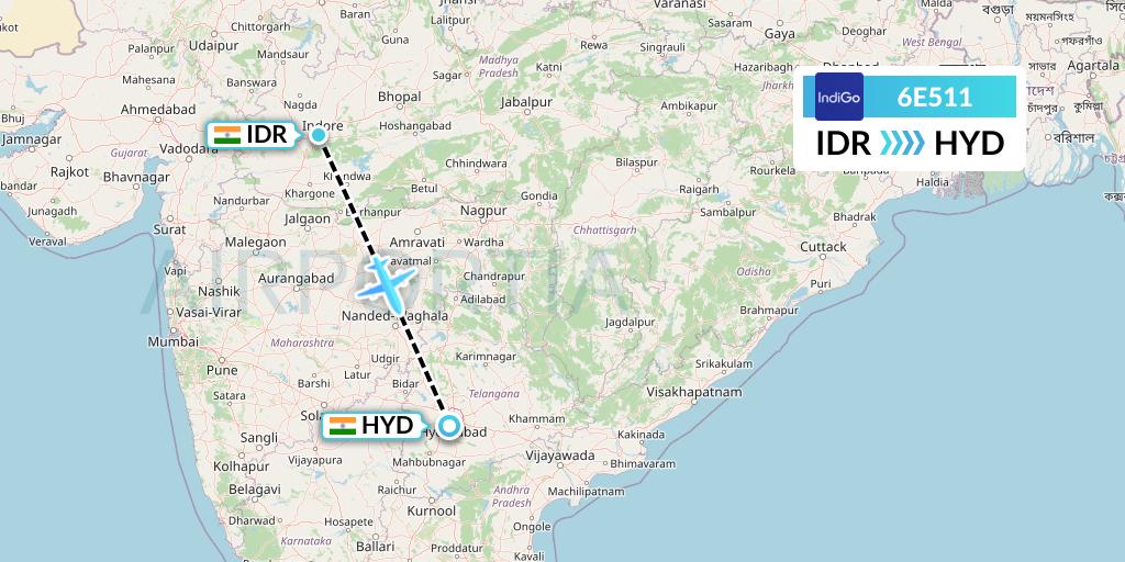 6E511 IndiGo Airlines Flight Map: Indore to Hyderabad
