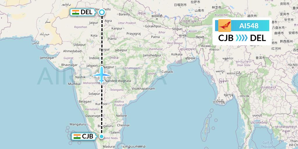 AI548 Air India Flight Map: Coimbatore to Delhi