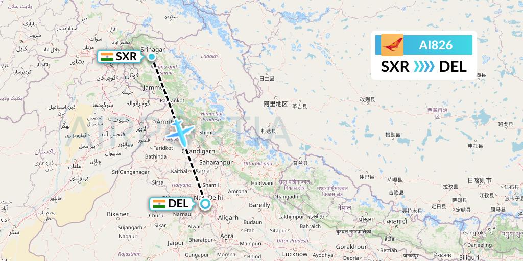 AI826 Air India Flight Map: Srinagar to Delhi