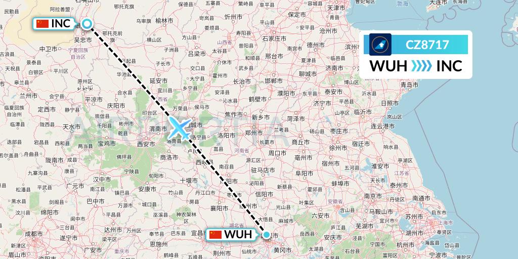 CZ8717 China Southern Airlines Flight Map: Wuhan to Yinchuan