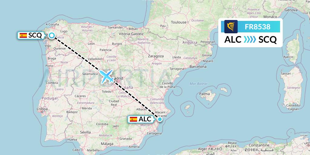 FR8538 Ryanair Flight Map: Alicante to Santiago