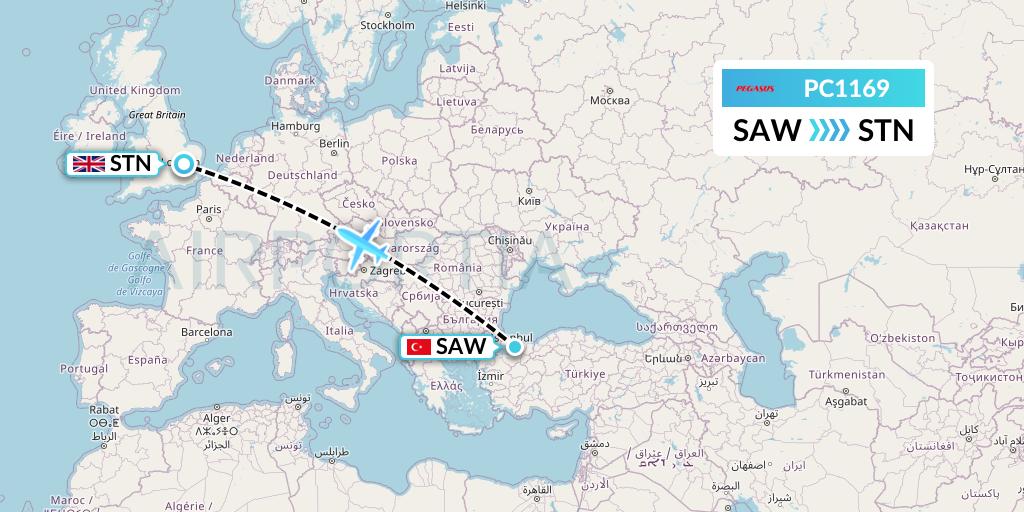 PC1169 Pegasus Airlines Flight Map: Istanbul to London