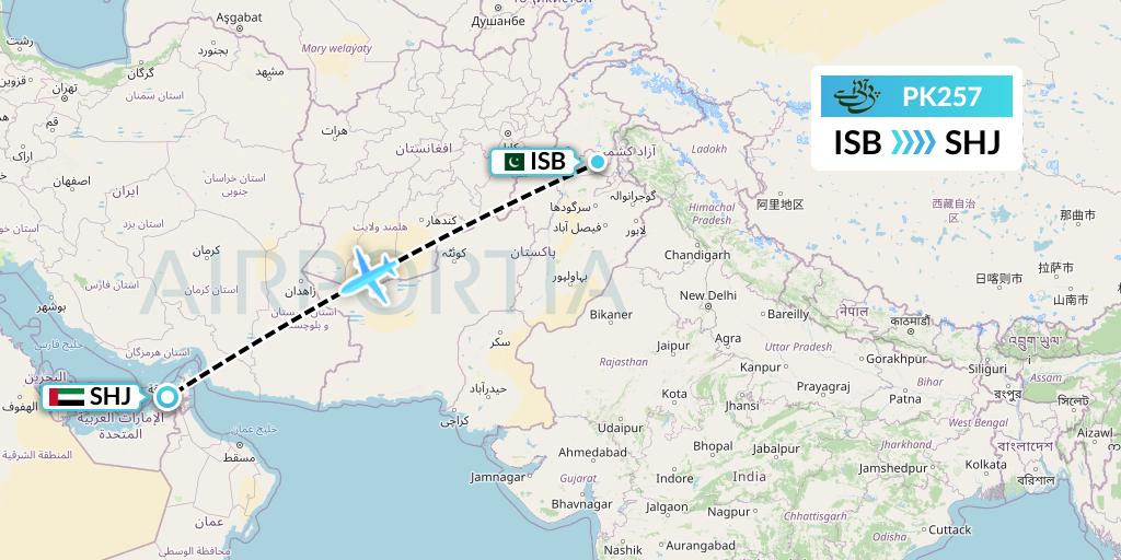 PK257 Pakistan International Airlines Flight Map: Islamabad to Sharjah