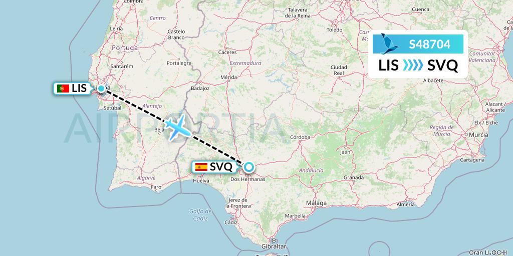 S48704 Azores Airlines Flight Map: Lisbon to Seville