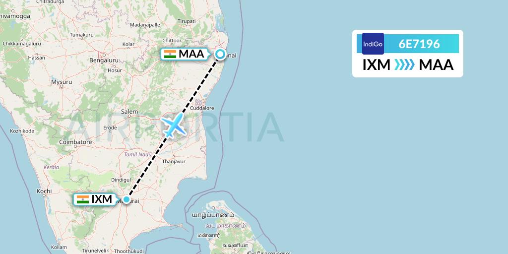 6E7196 IndiGo Airlines Flight Map: Madurai to Chennai
