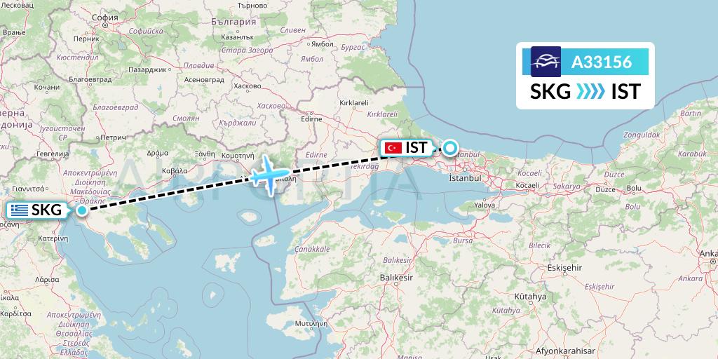 A33156 Aegean Airlines Flight Map: Thessaloniki to Istanbul