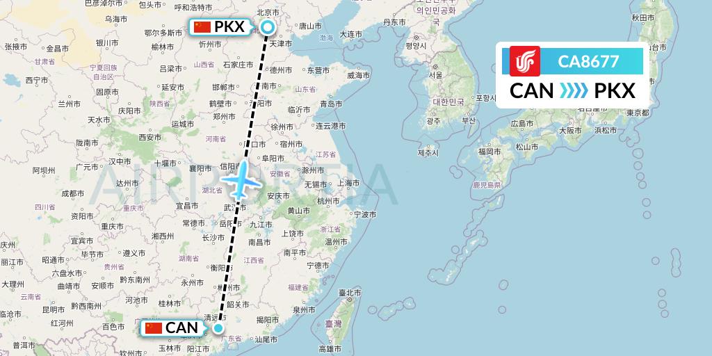 CA8677 Air China Flight Map: Guangzhou to Beijing