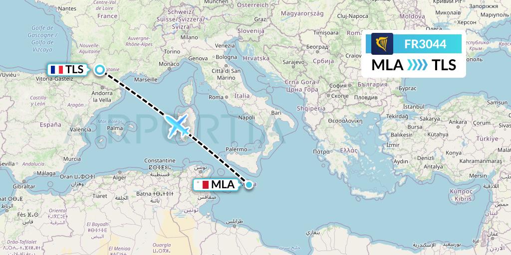 FR3044 Ryanair Flight Map: Malta to Toulouse