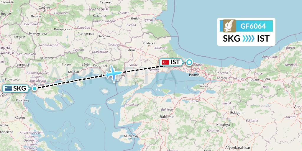 GF6064 Gulf Air Flight Map: Thessaloniki to Istanbul