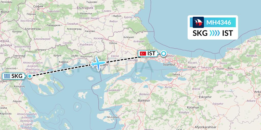 MH4346 Malaysia Airlines Flight Map: Thessaloniki to Istanbul