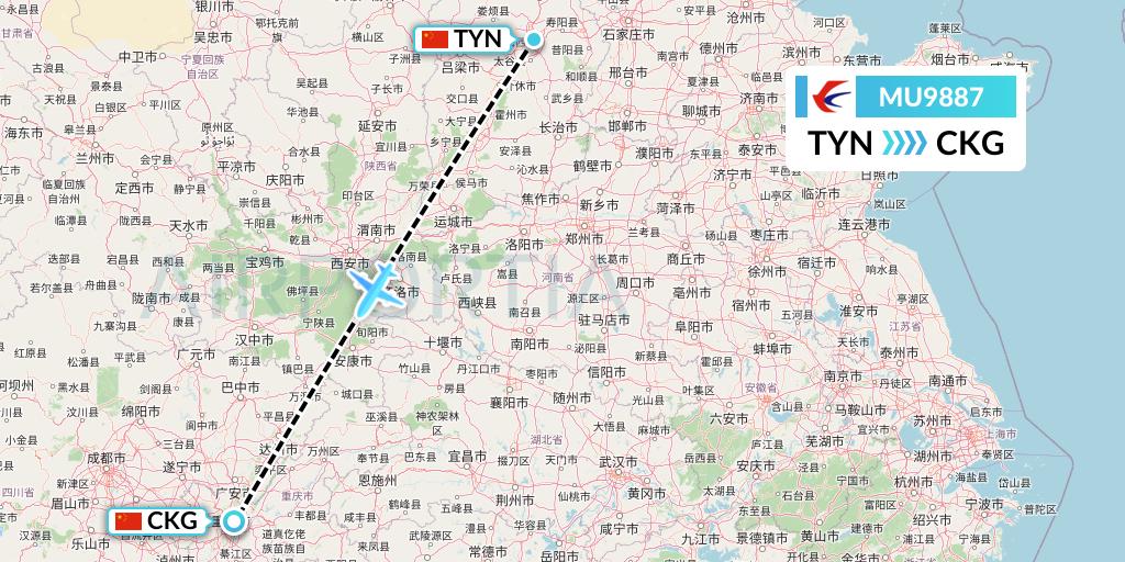 MU9887 China Eastern Airlines Flight Map: Taiyuan to Chongqing