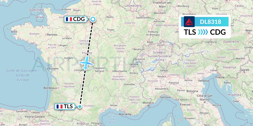 DL8318 Delta Air Lines Flight Map: Toulouse to Paris