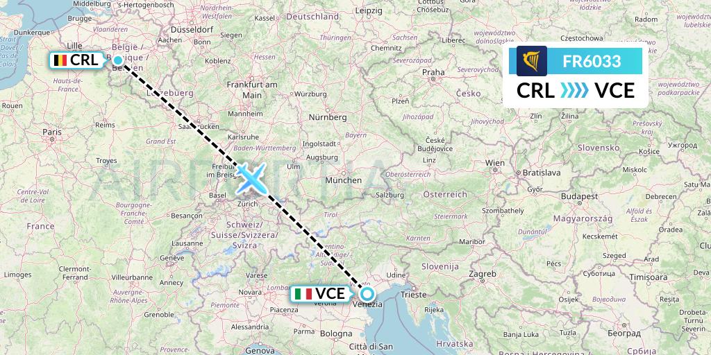 FR6033 Ryanair Flight Map: Brussels to Venice