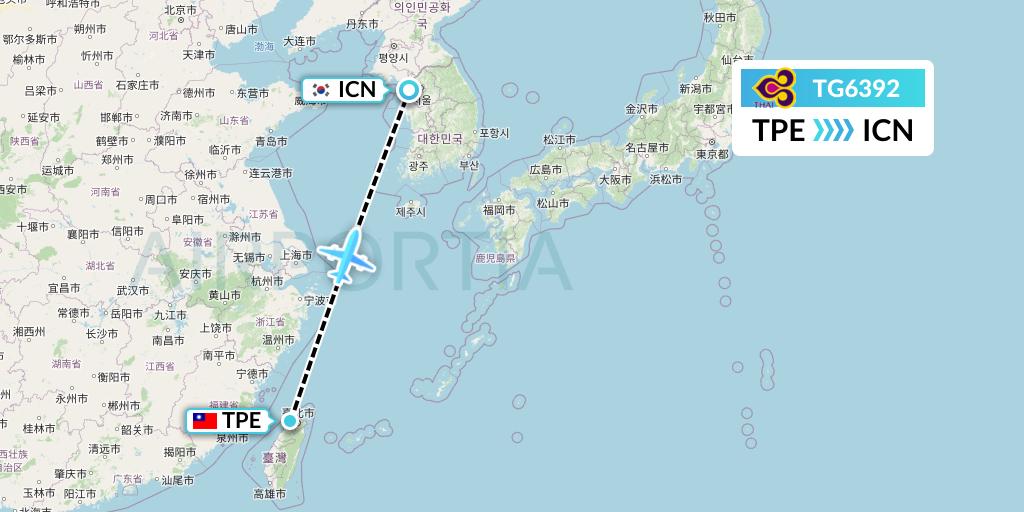 TG6392 Thai Airways Flight Map: Taipei to Seoul