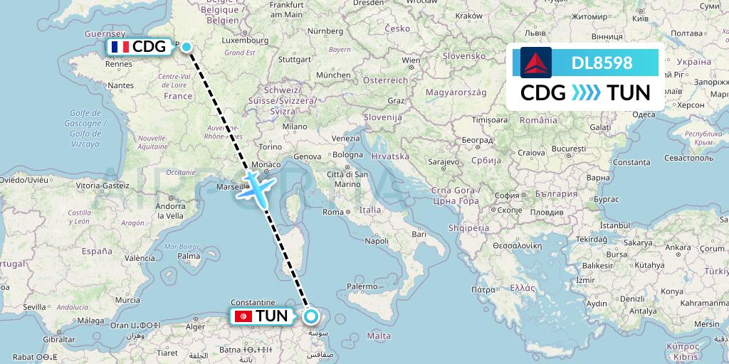 DL8598 Delta Air Lines Flight Map: Paris to Tunis
