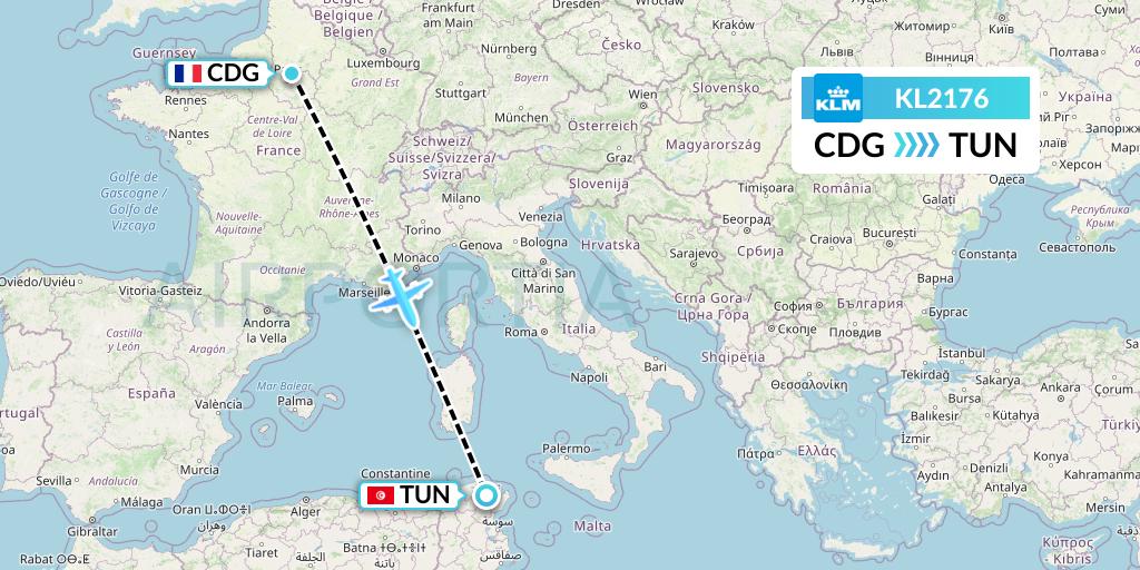 KL2176 KLM Flight Map: Paris to Tunis