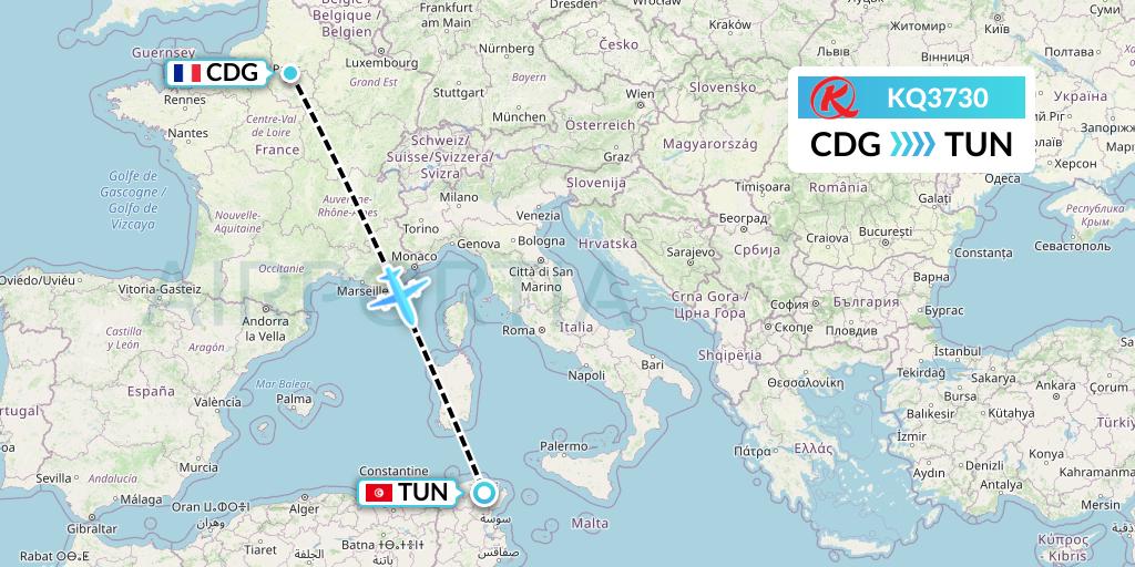 KQ3730 Kenya Airways Flight Map: Paris to Tunis
