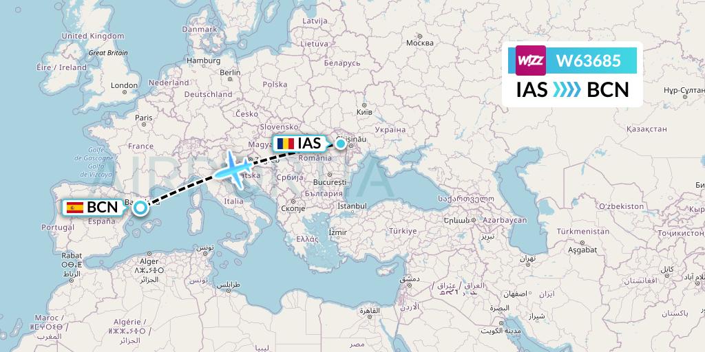 W63685 Wizz Air Flight Map: Iasi to Barcelona