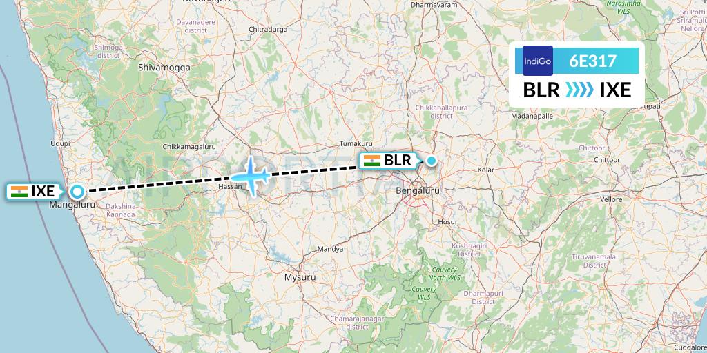 6E317 IndiGo Airlines Flight Map: Bangalore to Mangalore