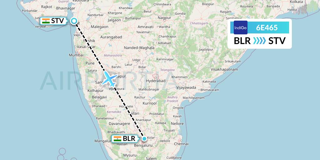 6E465 IndiGo Airlines Flight Map: Bangalore to Surat