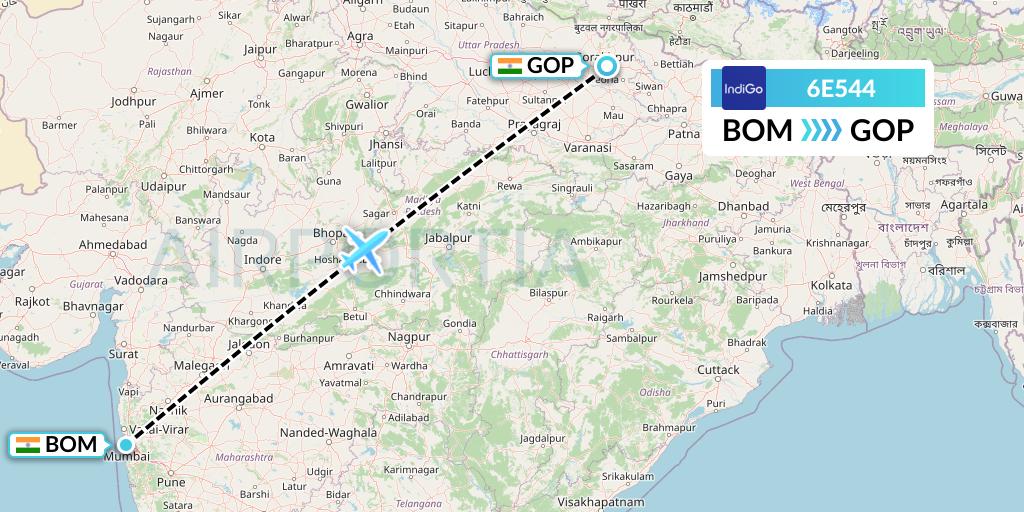 6E544 IndiGo Airlines Flight Map: Mumbai to Gorakhpur