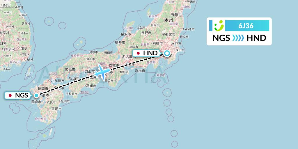 6J36 Solaseed Air Flight Map: Nagasaki to Tokyo